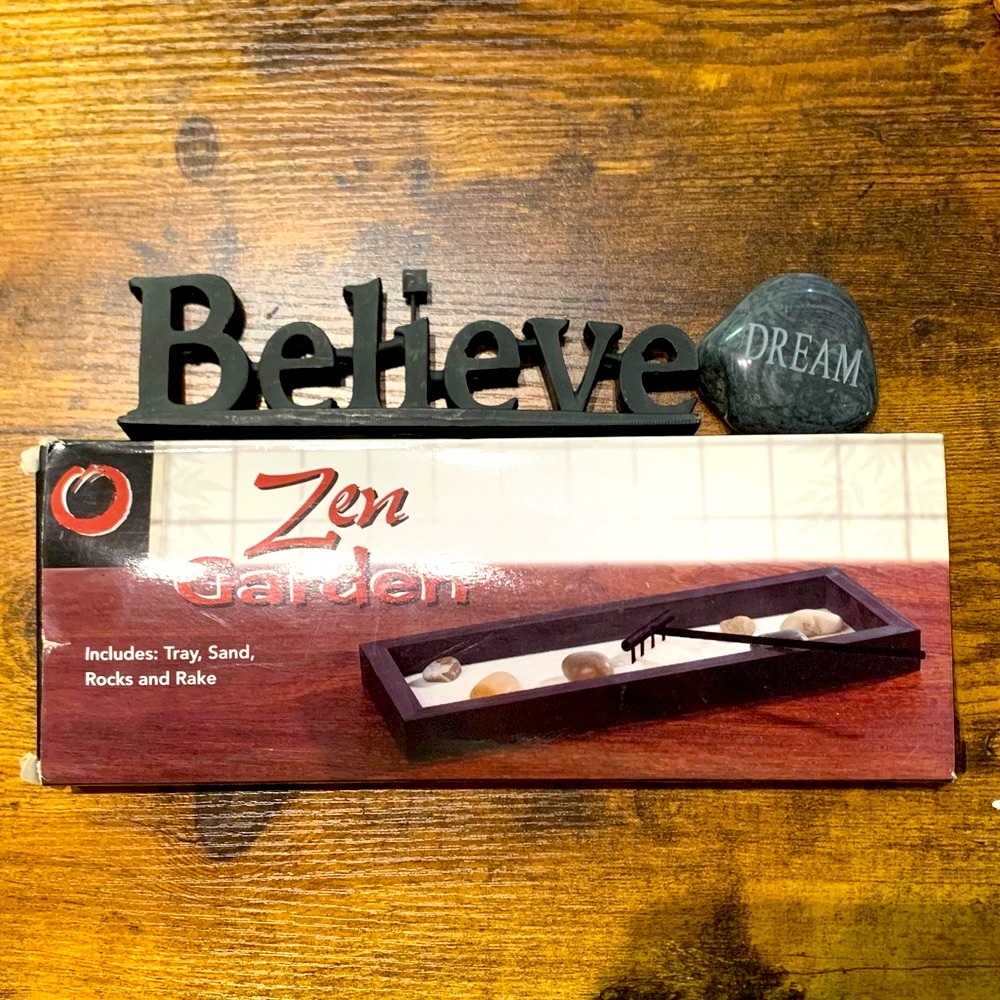 Home office desk table decor sand & rock zen garden, believe sign, & DREAM rock